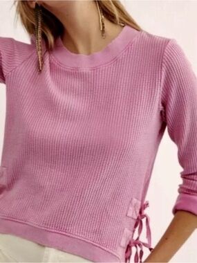 Free People One Interlaken Thermal Top Side Fringe Ties Long Sleeve Size M